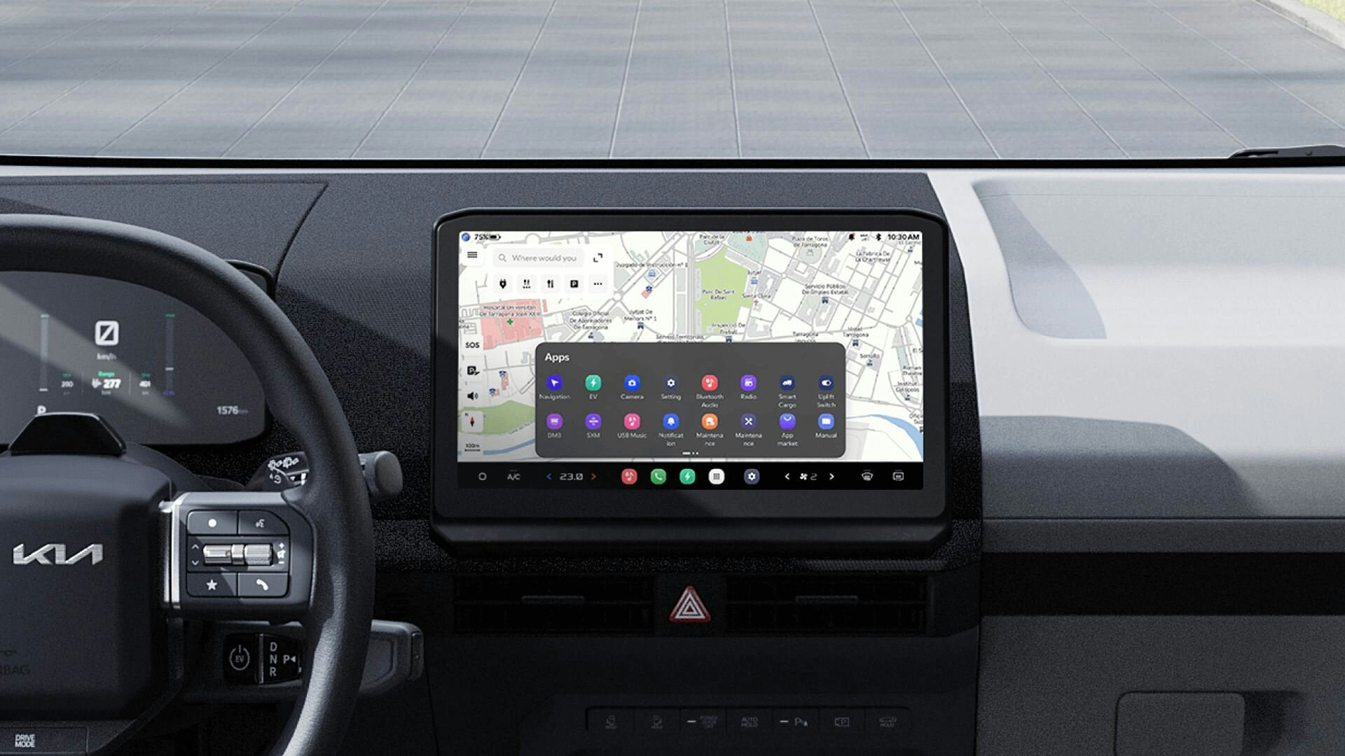 Grosses 12,9-Zoll-Display im Kia PV5, das die AAOS-Oberfläche (Android Automotive OS) mit Navigation und App-Menü anzeigt